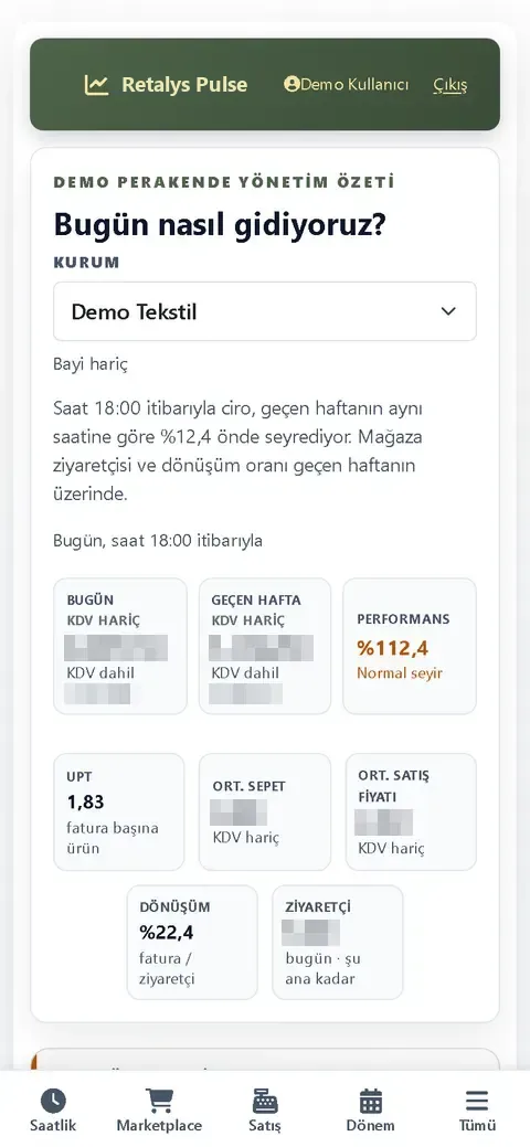 Retalys Pulse telefonda açılış ekranı: günün özeti