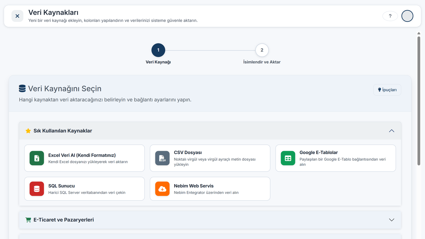CSuiteScope Veri Kaynakları: Excel, CSV, Google E-Tablolar, SQL Server ve Nebim Web Servis bağlantıları